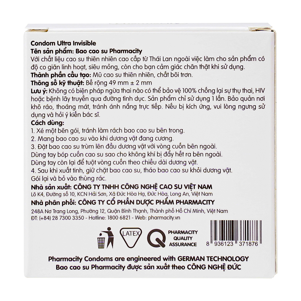Bao cao su siêu mỏng Pharmacity Ultra Invisible (3 cái/hộp)