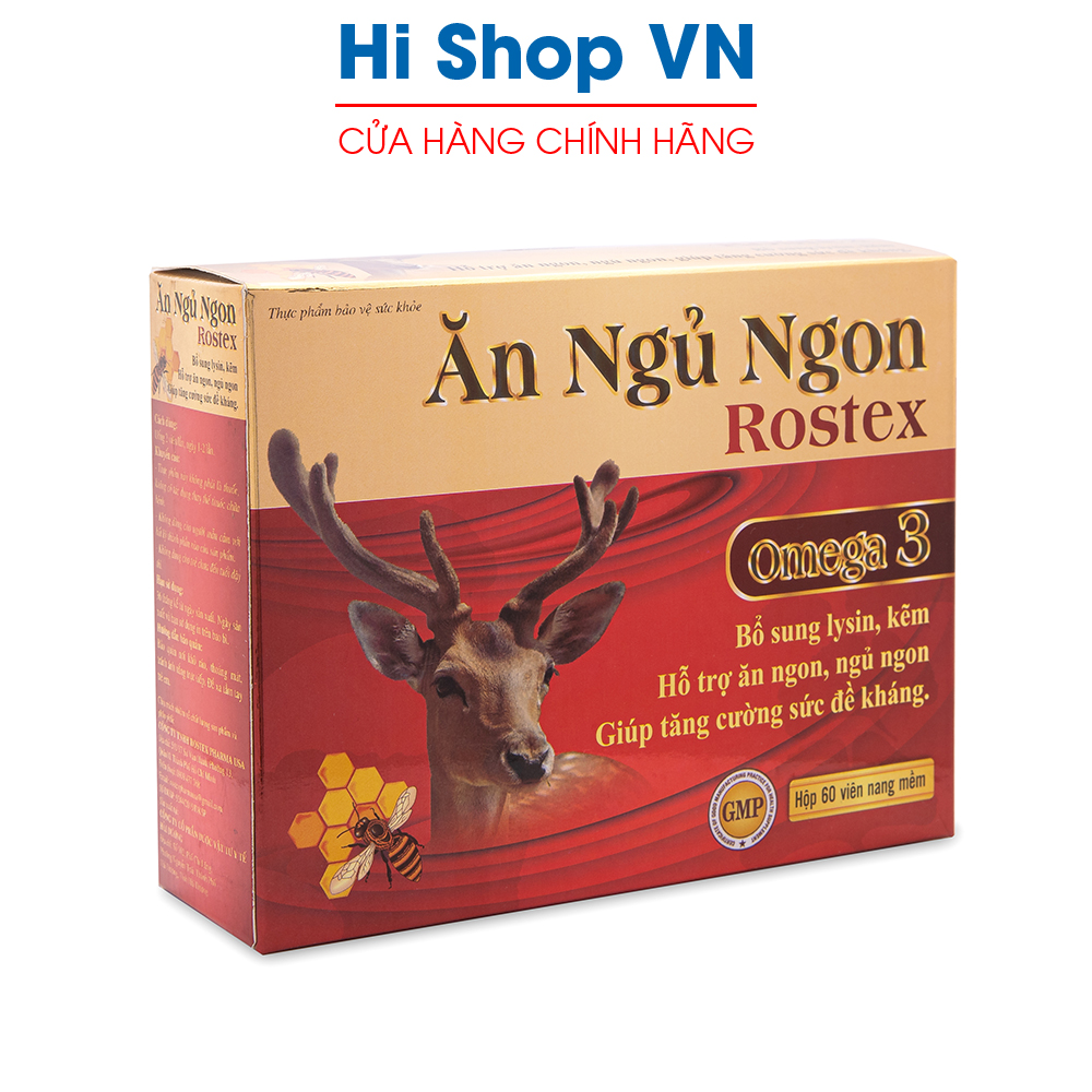Viên Ăn Ngủ Ngon Rostex loại bỏ mất ngủ, căng thẳng, stress - Hộp 60 viên bổ sung omega 3, lysin, kẽm