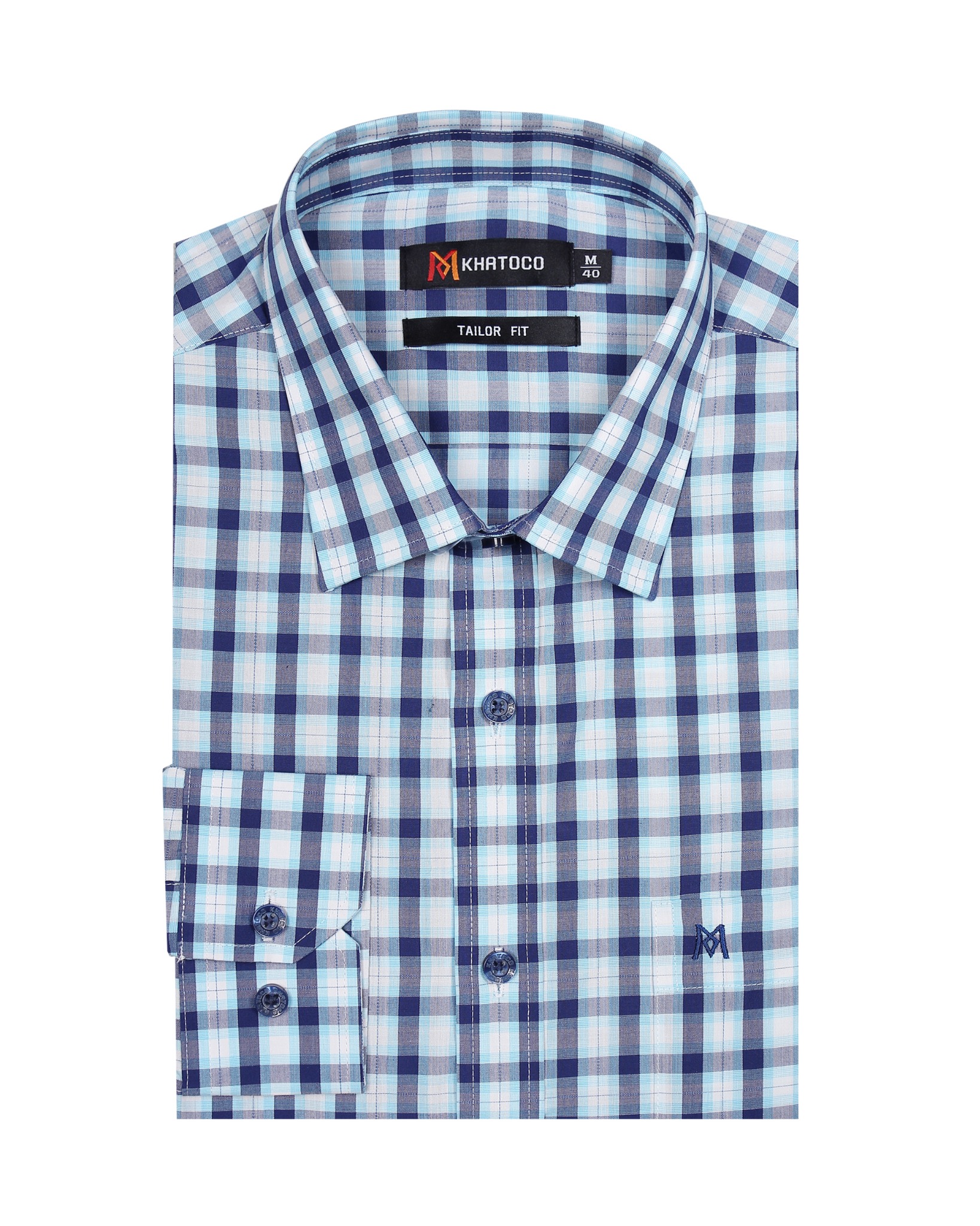 Áo sơ mi nam tay dài KHATOCO form Tailor Fit caro xanh mã A1MD398T1-CNCR168-2410-D