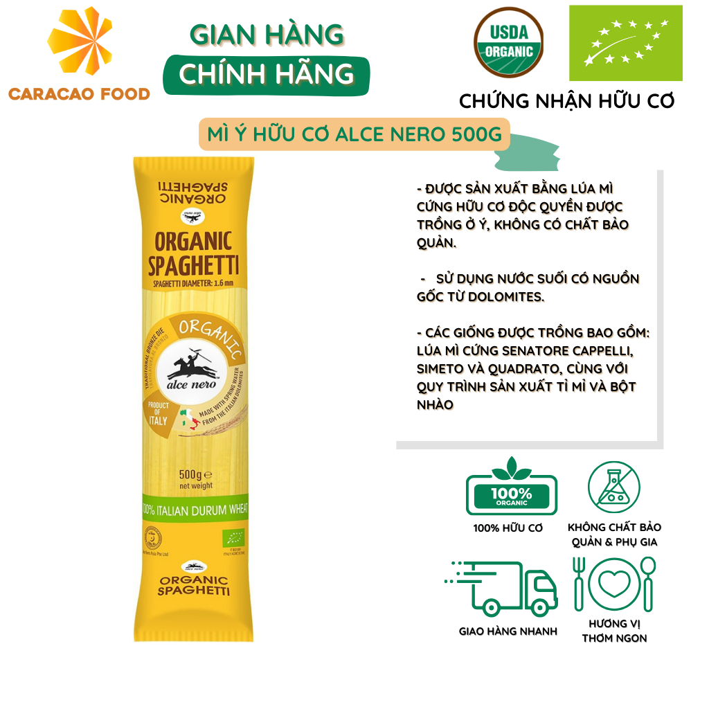 Mì ý hữu cơ, alce nero organic spaghetti 500g, mì spasta, mì ý 100% bột mì nguyên chất