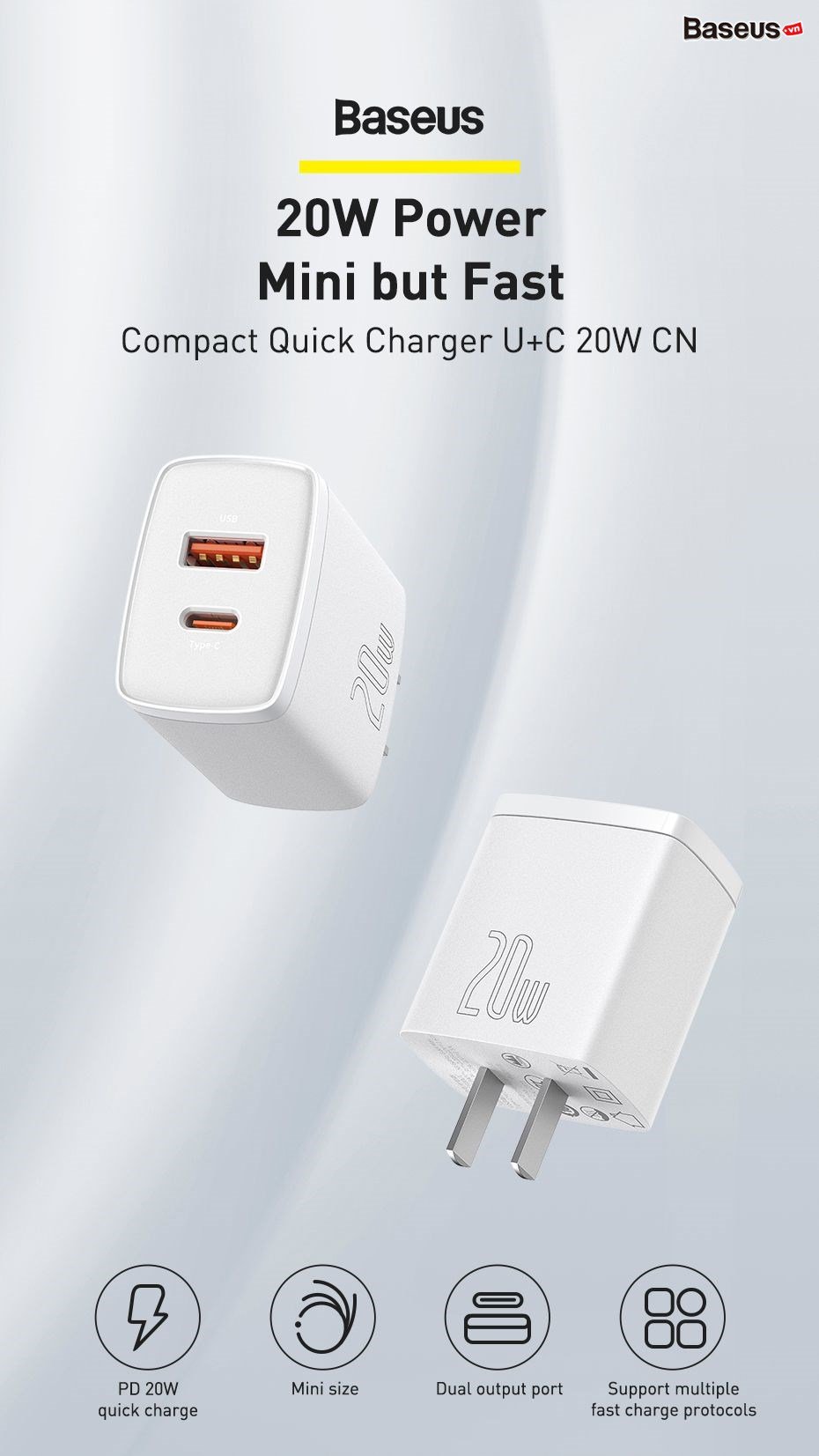 Củ sạc nhanh Baseus Compact Quick Charger PD 20W ( USB + Type C Dual Port, QC 3.0 Multi Quick Charge Support ) chân cắm US