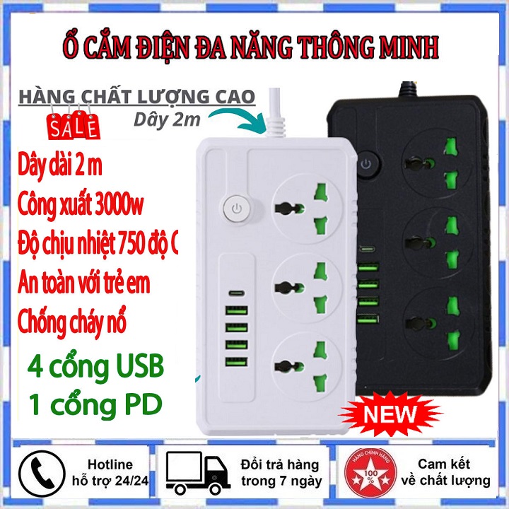 Ổ điện đa năng thông minh B09, ổ cắm điện thông minh chống giật tích hợp 3 cổng AV 250V, ổ căm điện có 4 cổng sạc điện thoại USB sạc nhanh, ổ điên thông minh chịu tải tốt