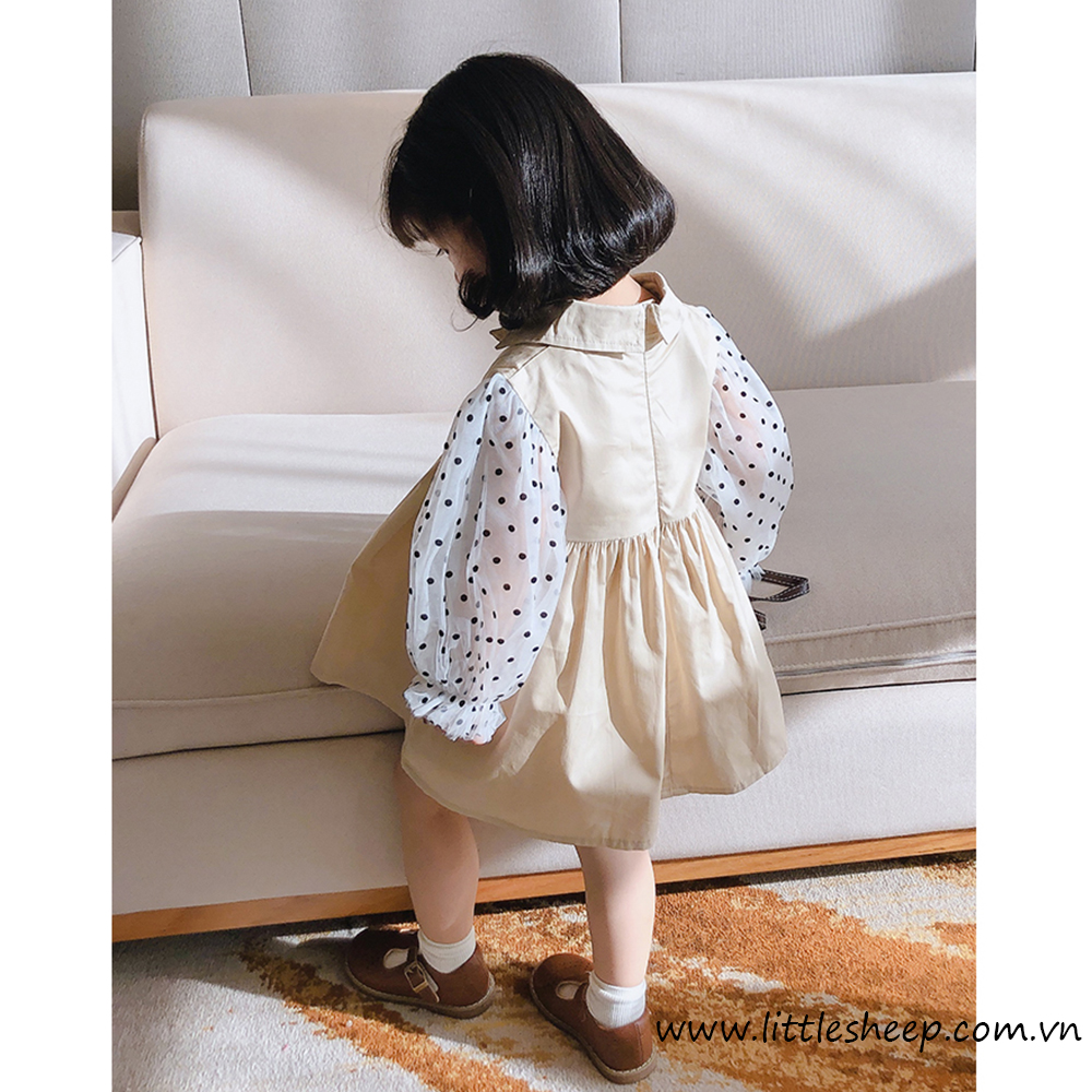Đầm xếp ly thanh lịch chấm bi tay áo lưới phồng