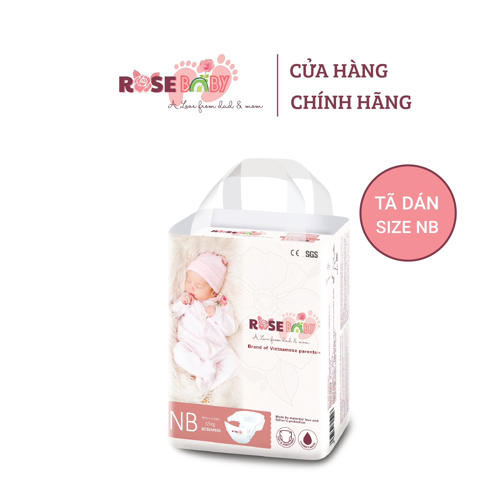 Bịch Tã Dán ROSE BABY size NB (60 miếng) Có rãnh tránh rốn