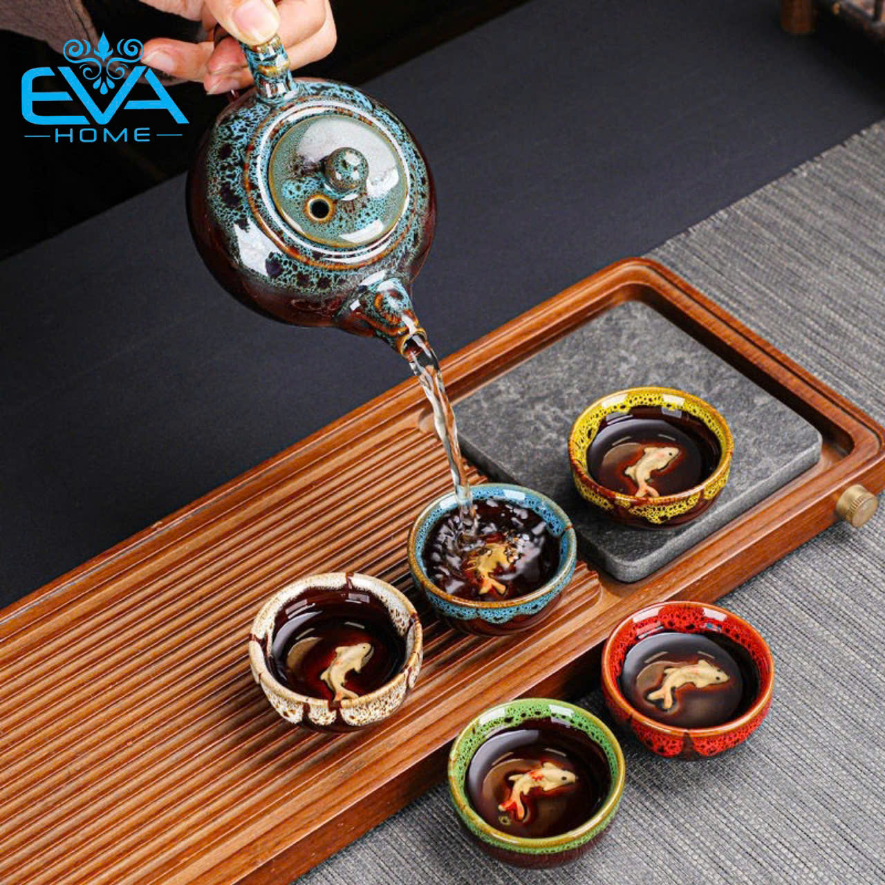 Bộ Ấm 5 Chén Trà Men Ngọc Hoả Biến Chén Trà Có Hình Cá Chép Nổi 4D Nhiều Màu