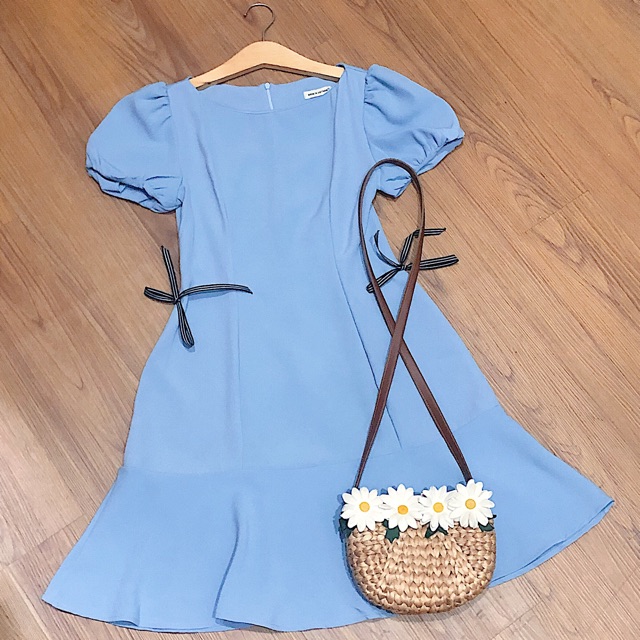 Đầm xanh xám nơ eo (kèm hình thật)
