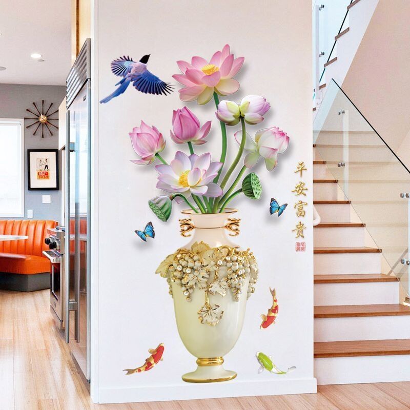 Decal dán tường sẵn keo dán bình hoa sen đẹp