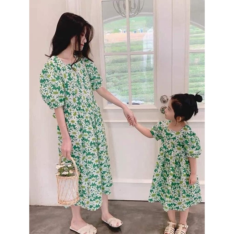 Vải thô cotton hoa cúc to xanh lá 100% cotton mềm mát