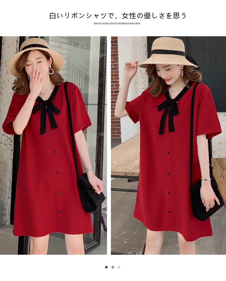 Đầm Bầu Suông Đỏ Nơ Đen
