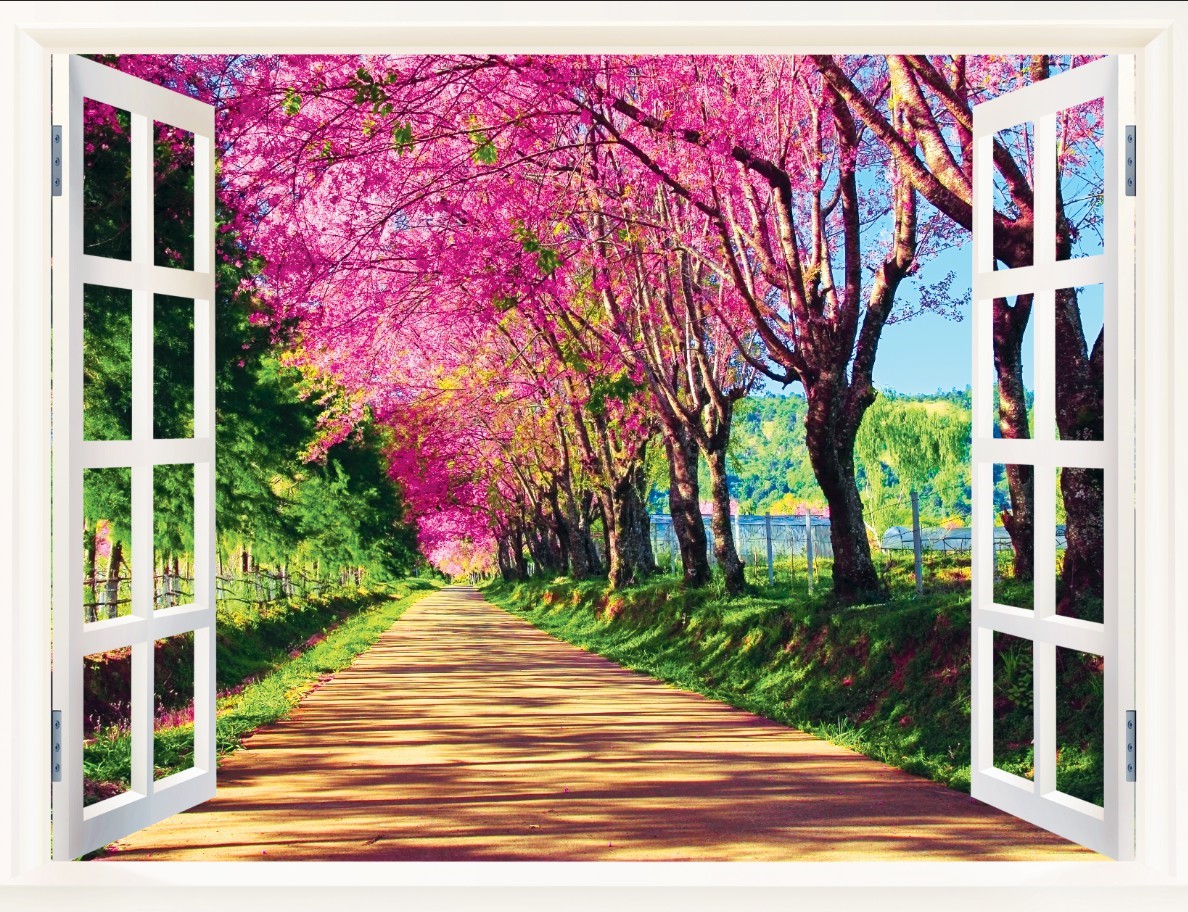 Tranh dán tường 3d cửa sổ phong cảnh thiên nhiên trang trí phòng khách phòng ngủ giá rẻ đẹp chất liệu decal pp keo sẵn bóc dán PA