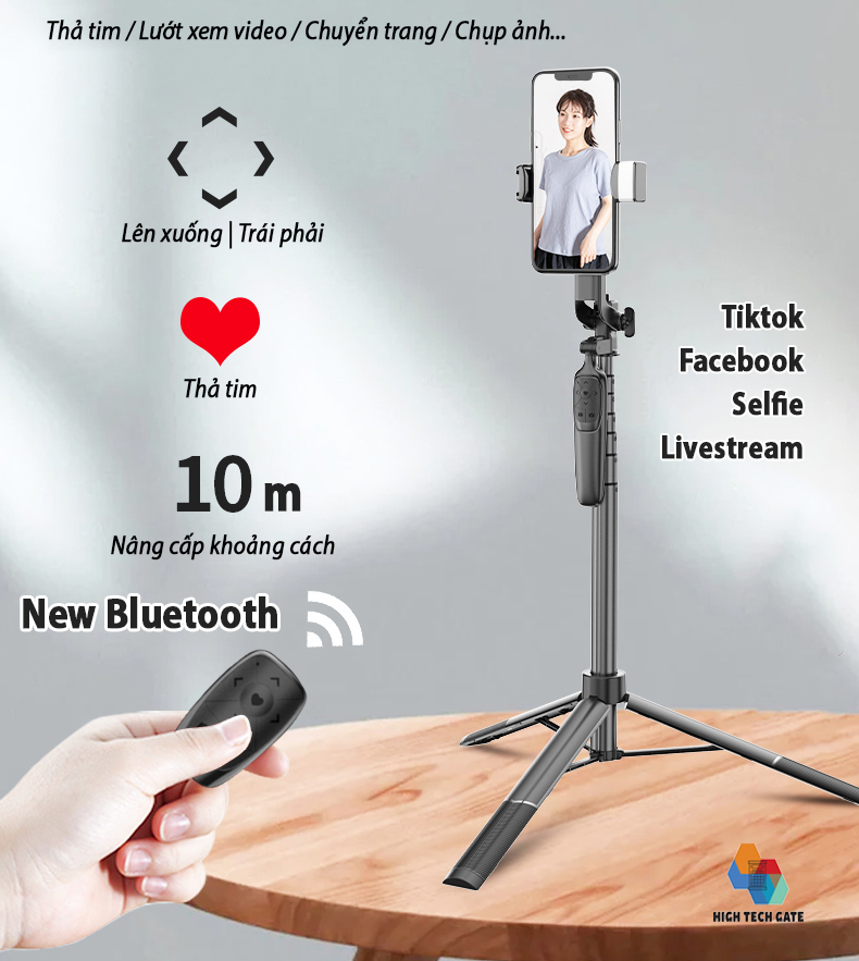 Gậy chụp hình selfie tự sướng siêu dài quay video livestream tiktok chụp cân bằng động toàn cảnh 360, có gimbal xoay 360º, điều khiển từ xa tiktok, ứng dụng, chân đế tripod mở rộng nâng cấp, khung kim loại hợp kim chắc chắn