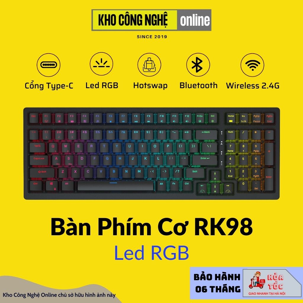 Bàn phím cơ không dây RK98 hotswap kết nối 3 chế độ