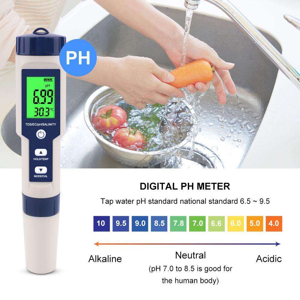 【Bút Kiểm Tra Chất Lượng Nước 5 Trong 1】Máy Đo Độ Mặn Và Độ PH 5 Trong 1, Đèn Nền Đo Độ PH/TDS/EC/Độ MặN/Nhiệt Độ