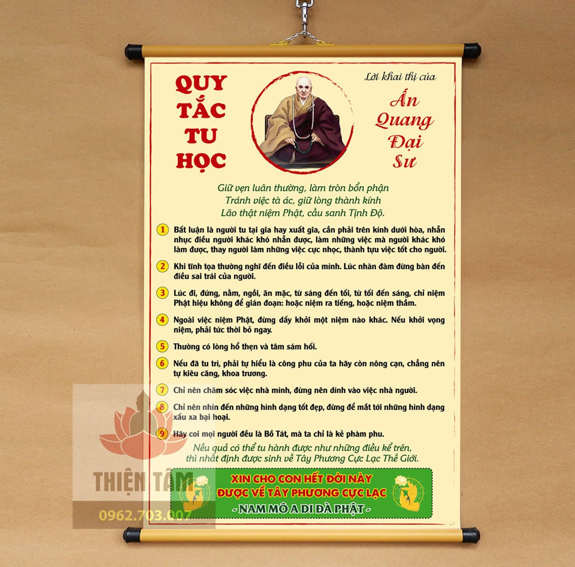 Tranh chữ Quy Tắc Tu Học (lời khai thị của Ấn Quang Đại Sư) 40x60cm chất liệu vải phủ bóng cao cấp
