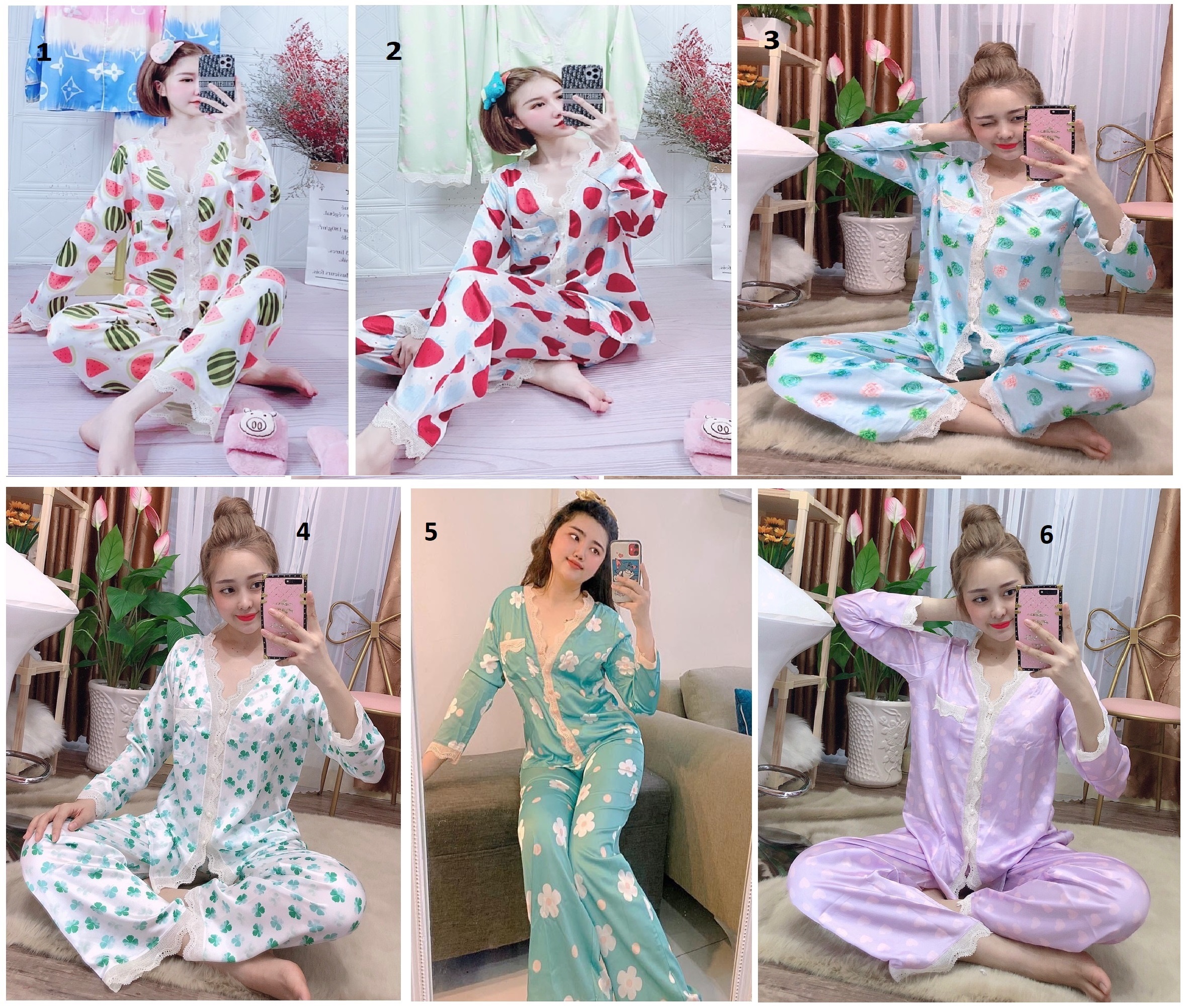 [HCM]Đồ Bộ Lụa Tơ Tằm Hoa Phối Ren