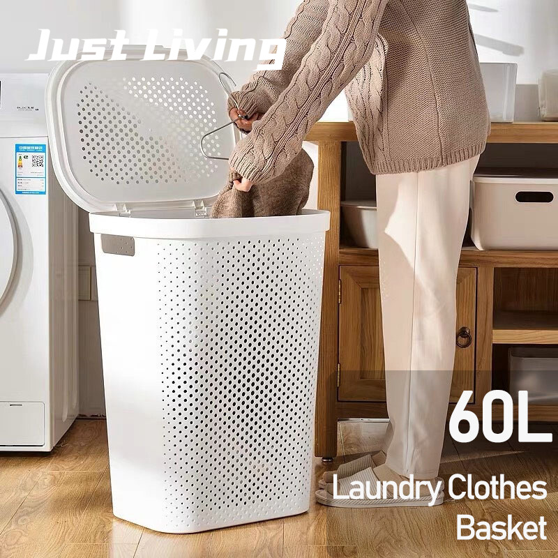 JustLiving 60L Large Plastic Laundry Basket With Cover nordic Bedroom Bathroom Clothes Storage Basket Large  Capacity Toy Basket Household Japanese Laundry Basket with Lid