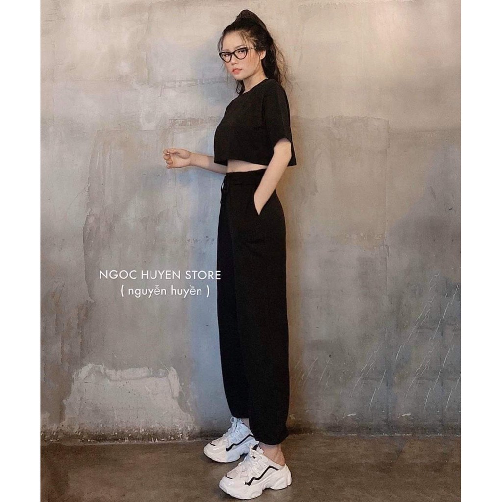 Sét áo croptop đen + quần chun gấu DTR1120