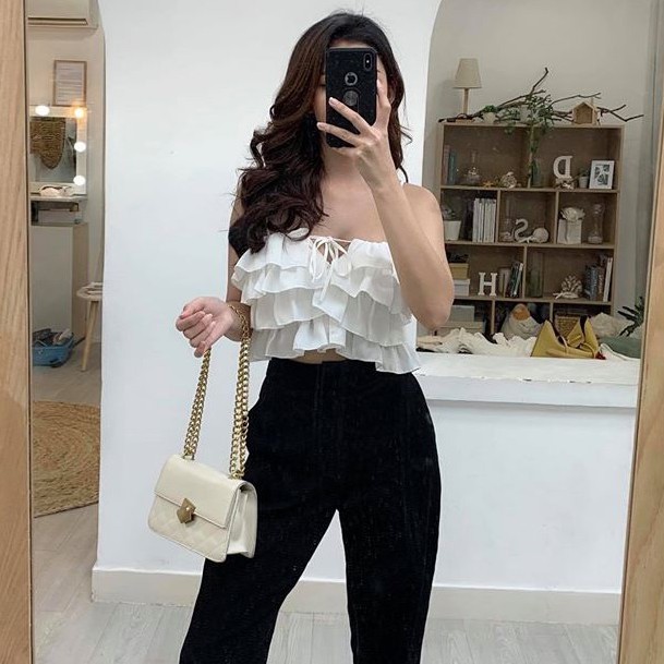 [Ảnh thật] Áo croptop 2 dây voan bèo tầng