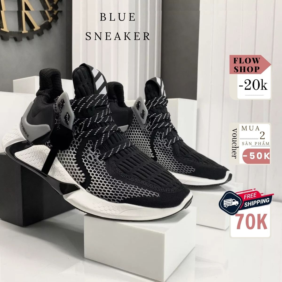 [Siêu Sale] Giày Sneaker Nam Nữ Alphabounce Đen Đế Trắng (Fullbox+ Tặng hộp bảo vệ box)