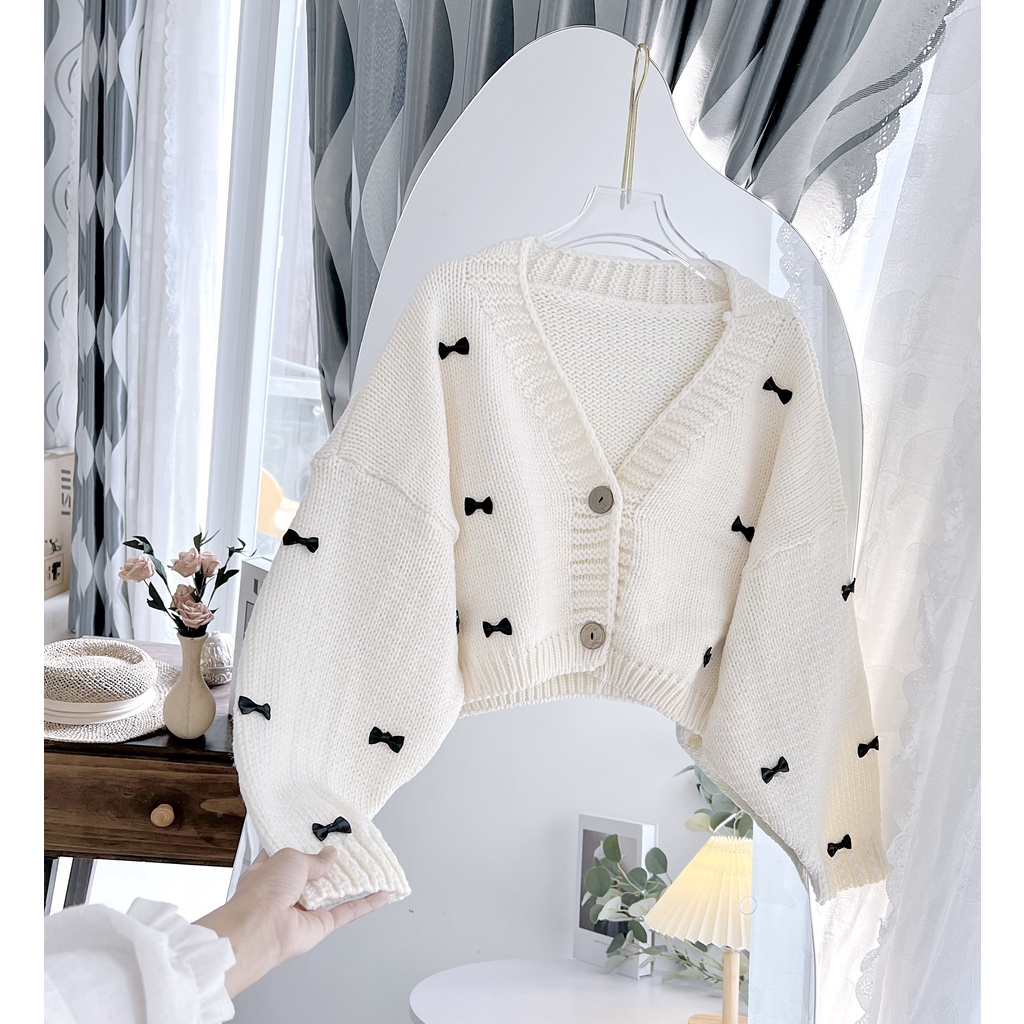 Áo len Cardigan croptop Nữ gắn nơ phong cách Hàn Quốc Hàng Quảng Châu len dày