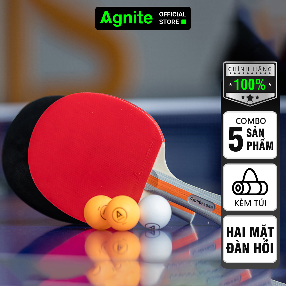 Bộ 2 Vợt bóng bàn tay dài ngắn Agnite tặng kèm 3 bóng chính hãng
