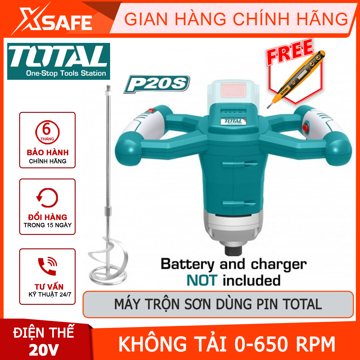 Máy trộn sơn pin 20v total tmxli2001 | máy trộn sơn dùng pin điện thế pin: 20v tốc độ không tải: 0-650rpm, dùng để đảo, khuấy, trộn sơn... để phục vụ cho quá trình phun, lăn sơn