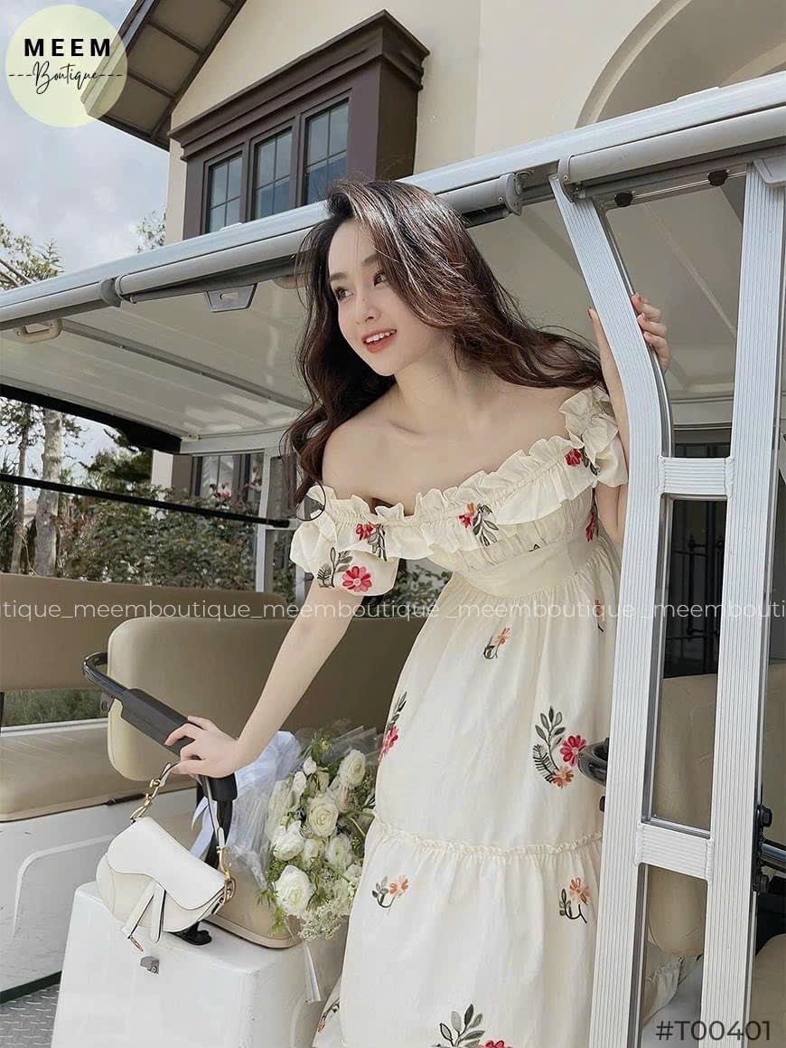 Đầm dáng dài dự tiệc trễ vai, chất lụa hoa siêu xinh