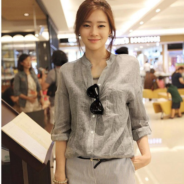 Sơ mi nữ form rộng vải đũi cổ chữ V 172