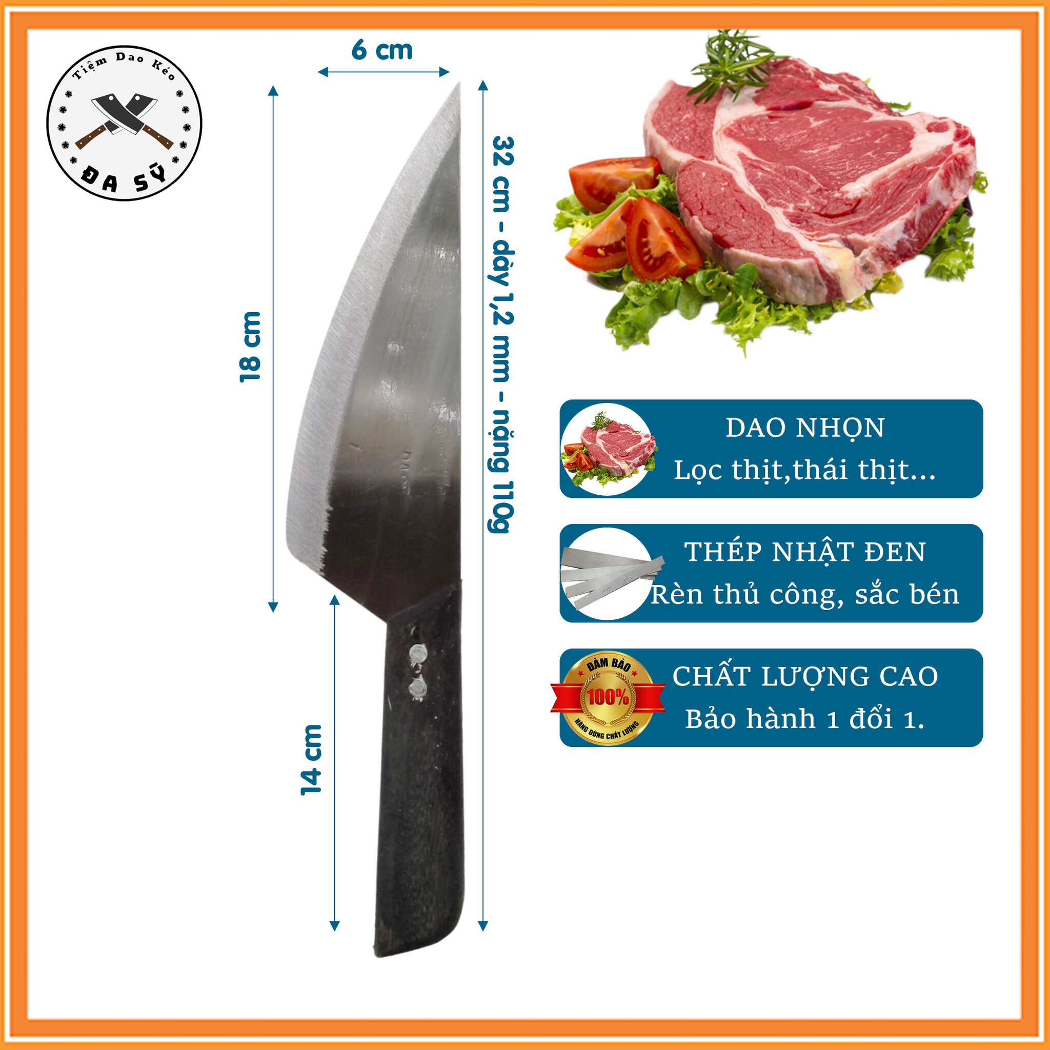 Dao bầu bé loại tốt, dao nhọn lọc thịt, thái thịt, chọc tiết, dao rèn thủ công từ thép không gỉ, cán gỗ chắc chắn