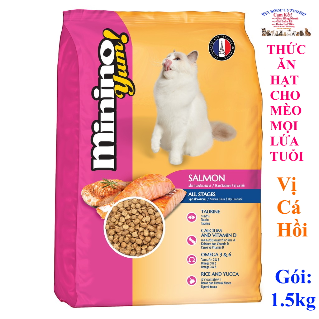 [Hoàn tiền 10%]  THỨC ĂN HẠT CHO MÈO Minino yum Salmon Vị cá Hồi Gói 1.5kg Xuất xứ Thái Lan - Pet shop Uytinpro