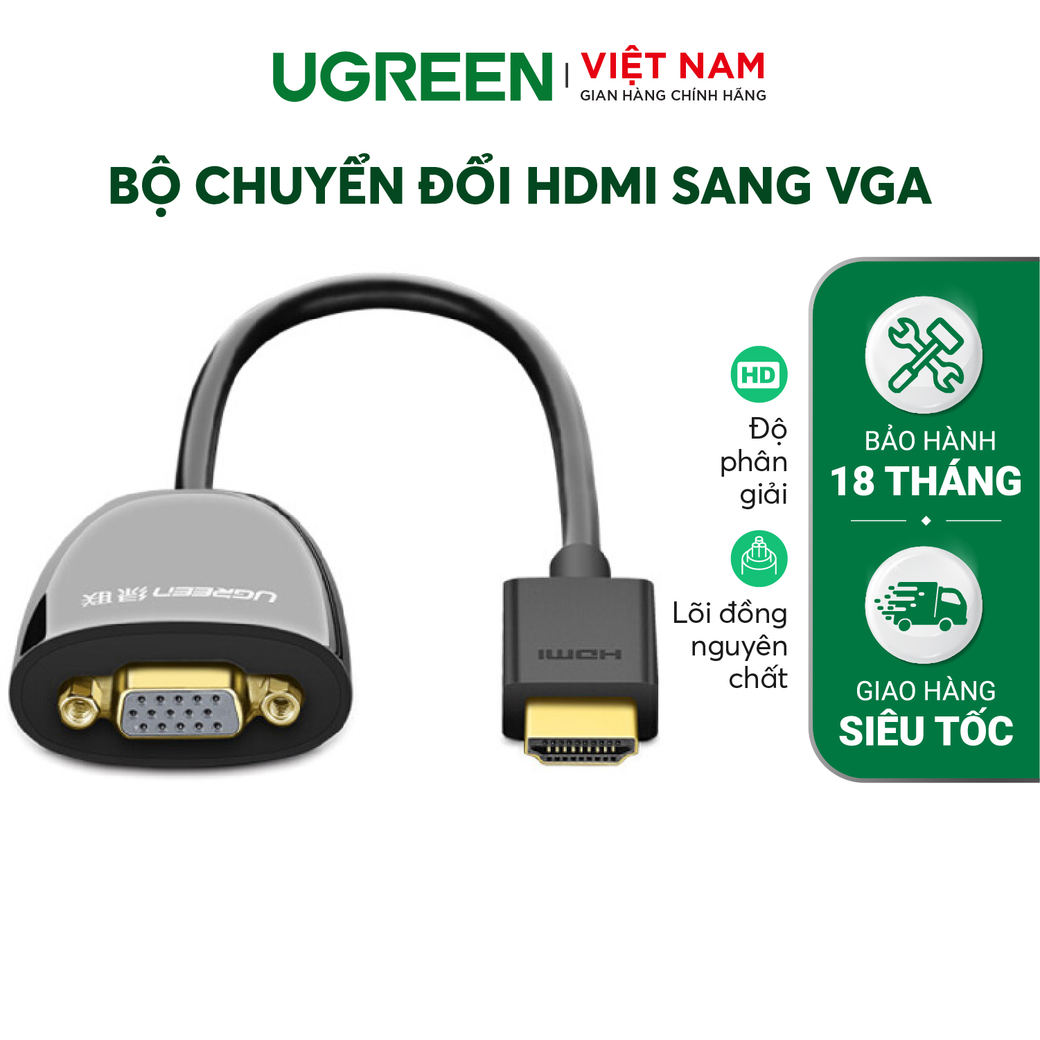 Bộ chuyển đổi HDMI sang VGA UGREEN MM102 | Không có Audio | Độ phân giải 1920*1080 | Bảo Hành 18 Tháng 1 Đổi 1 | 40252 40253.