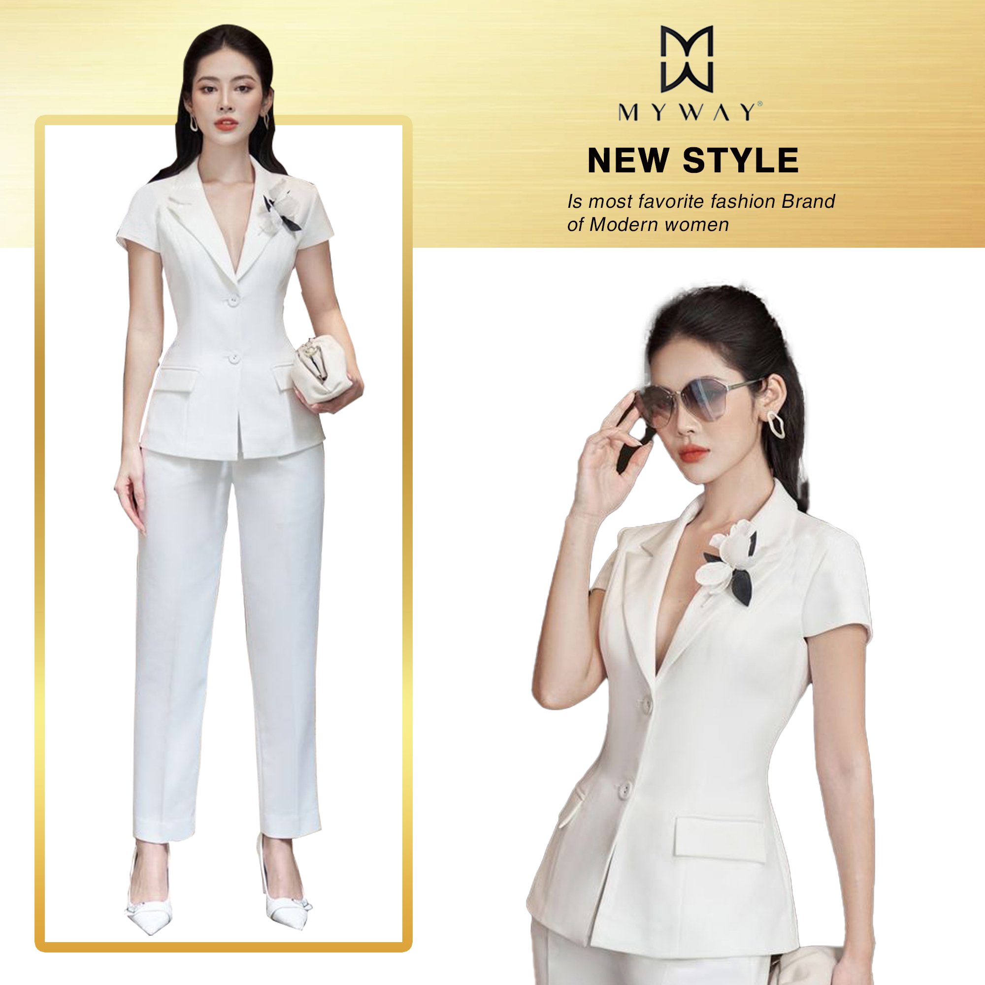 Bộ áo quần vest nữ my way đính hoa sang chảnh 6mvb1019 - 6mqb0109