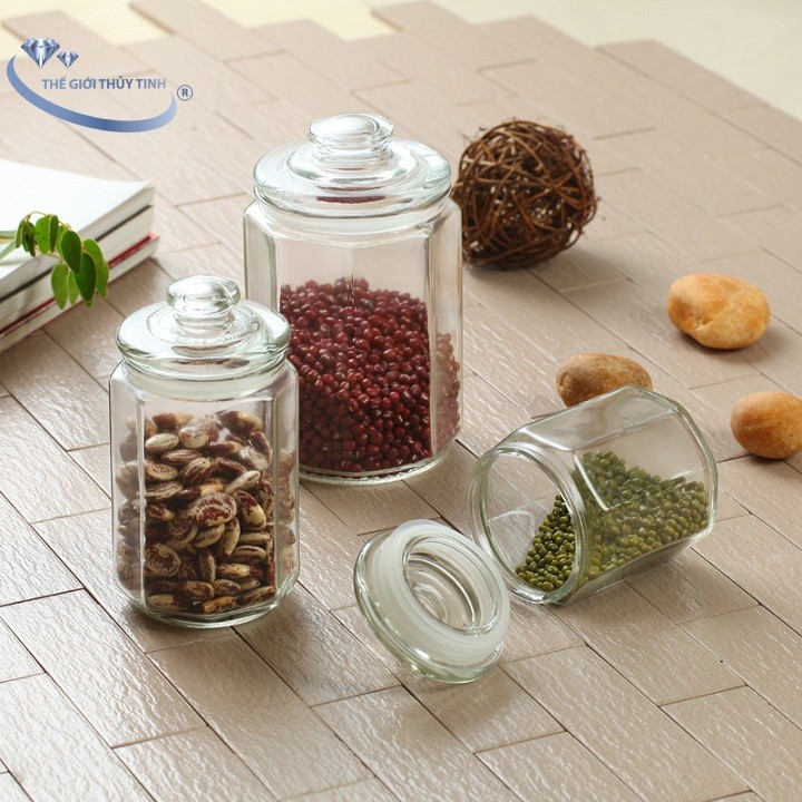 Hũ thủy tinh kiểu trụ đựng gia vị 2 Lít. Lọ thủy tinh đựng hạt, muối dưa cà/Hủ nắp có ron cao su siêu kín