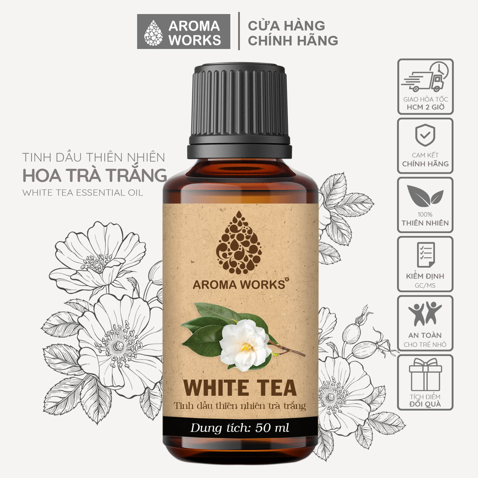 Tinh Dầu Hoa Trà Trắng Thiên Nhiên Thơm Phòng, Khử Mùi, Làm Nến Thơm Aroma Works White Tea