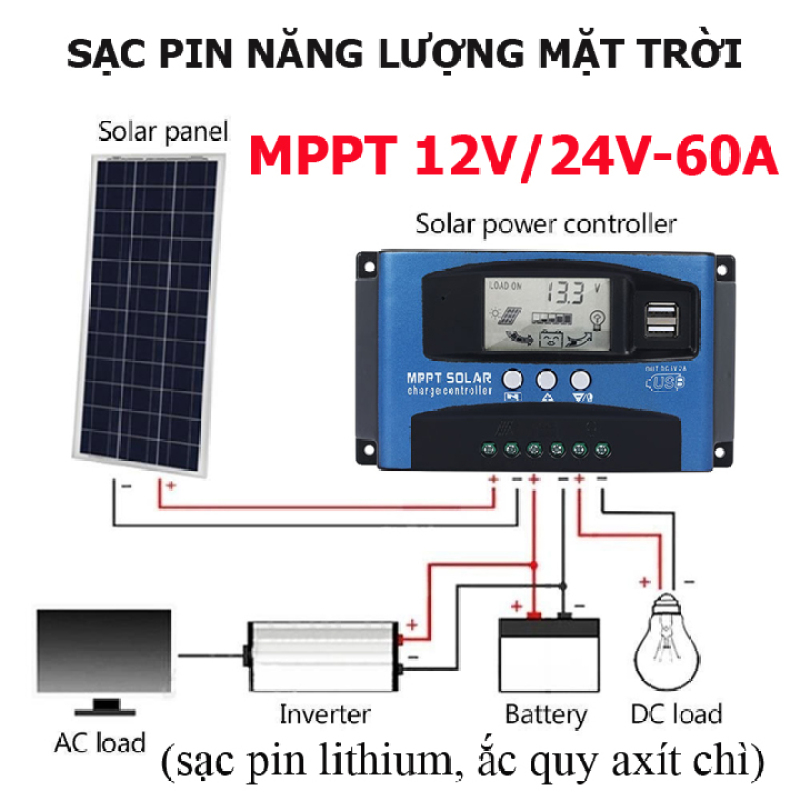 Sạc năng lượng mặt trời 12V/24V-60A MPPT - Bộ sạc pin năng lượng mặt trời MPPT 60A, sạc năng lượng mặt trời  12v