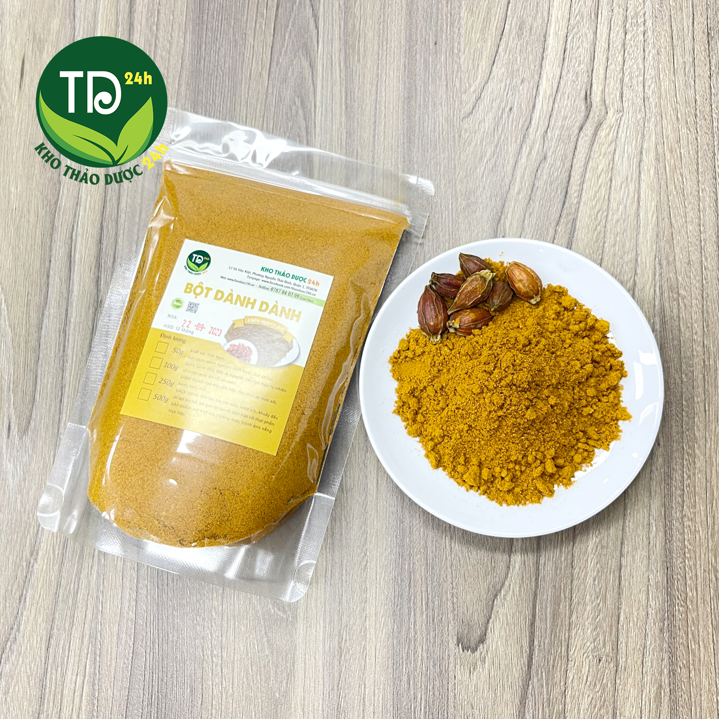Bột quả dành dành nguyên chất 100%, tạo màu vàng tự nhiên, dùng làm xôi, bánh, thạch chè, rau câu, mứt, ATVSTP
