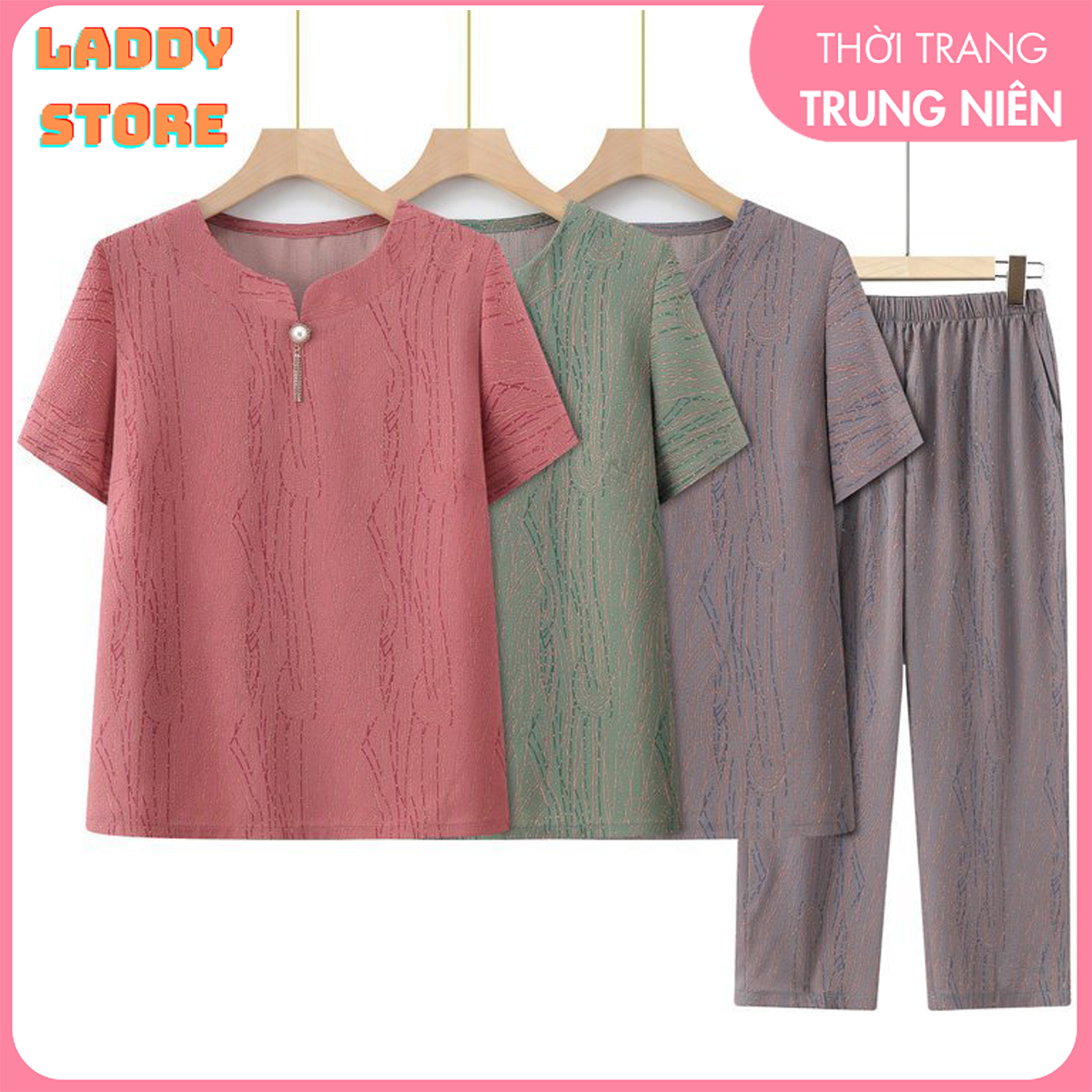 Bộ đồ lụa trung niên mặc nhà cho mẹ mùa hè cộc tay quần dài hoạ tiết chìm co giãn nhẹ thoáng mát