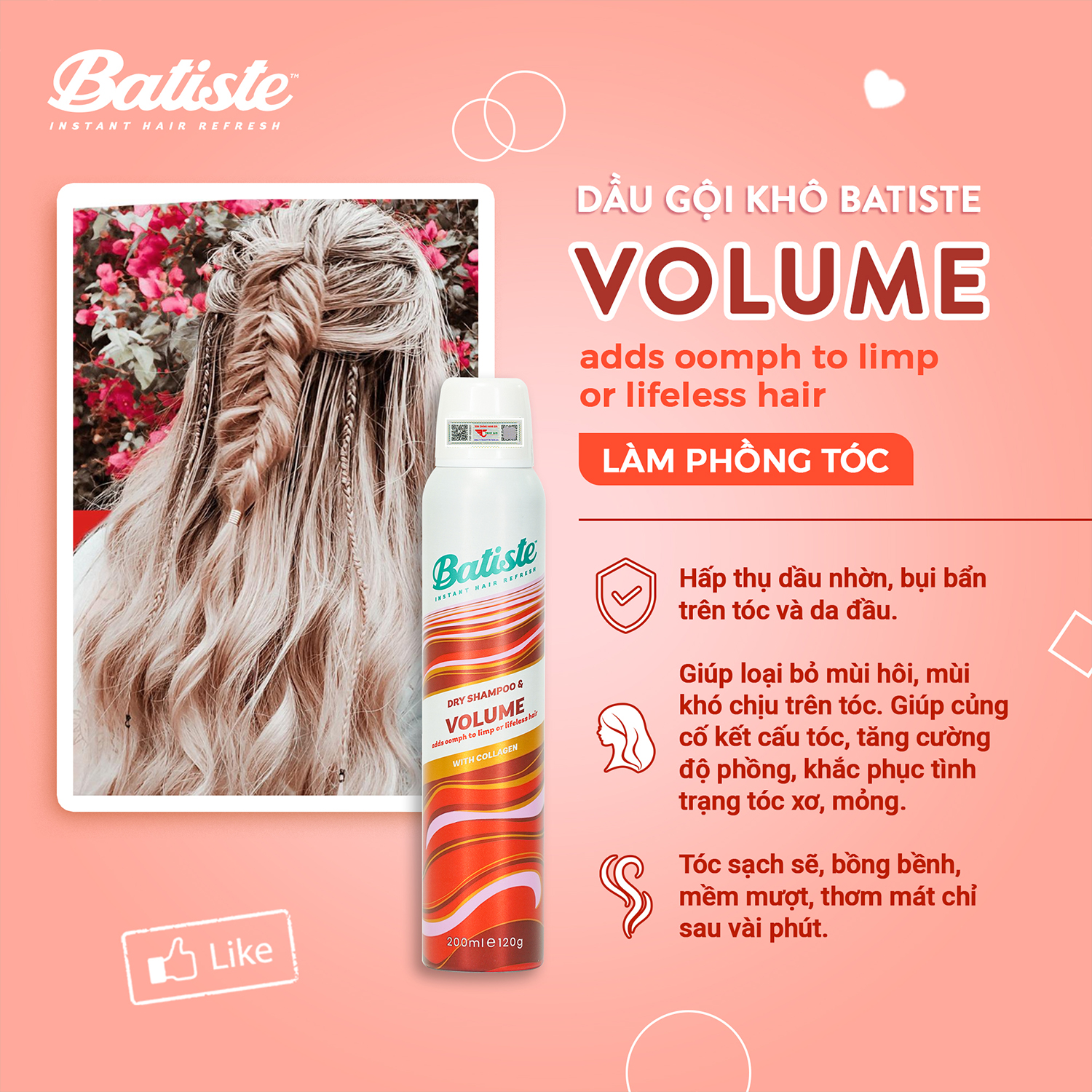 Dầu Gội Khô Batiste Dry Shampoo VOLUME Giúp Làm Phồng Tóc 200ml