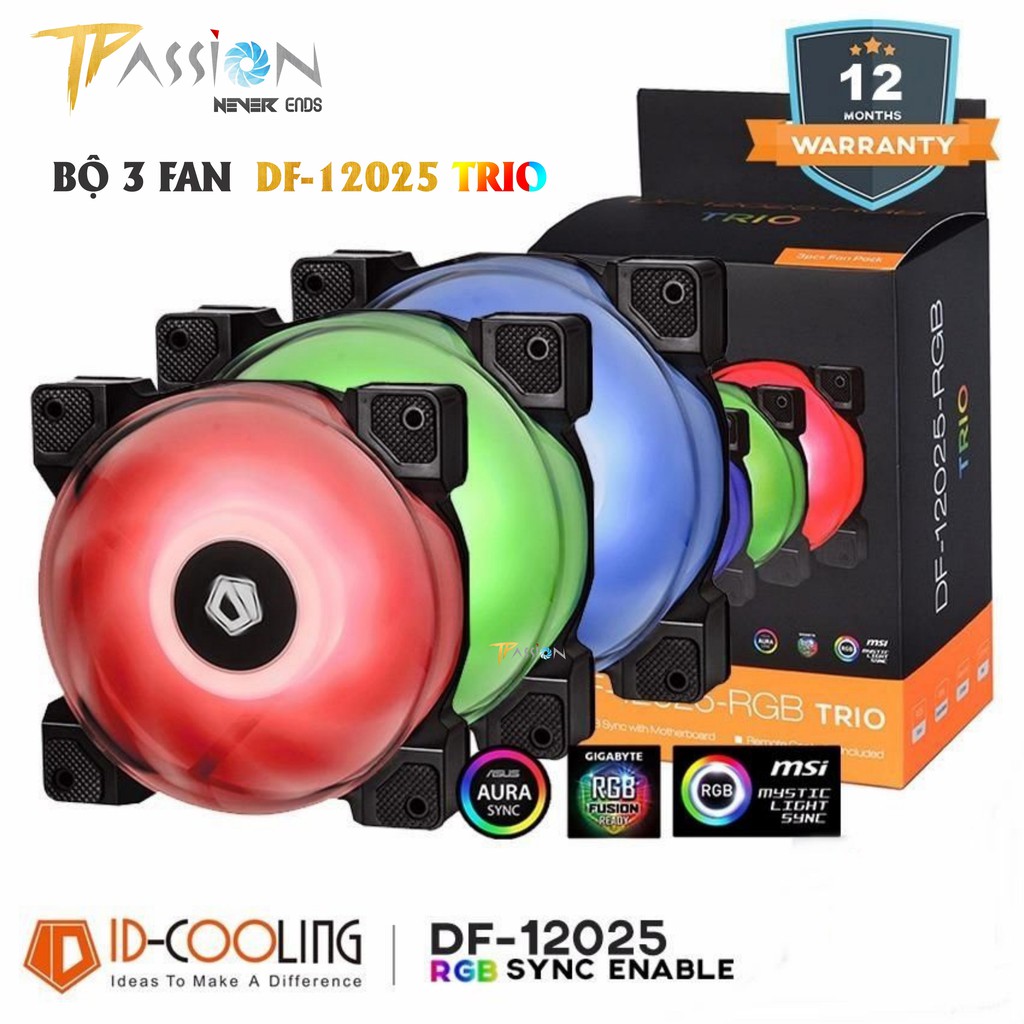 [HCM]Bộ kit 3 Quạt Fan Case 12cm ID-Cooling DF-12025 RGB TRIO - Quạt thổi radiator case sức gió lớn RGB đa màu tuyệt đẹp