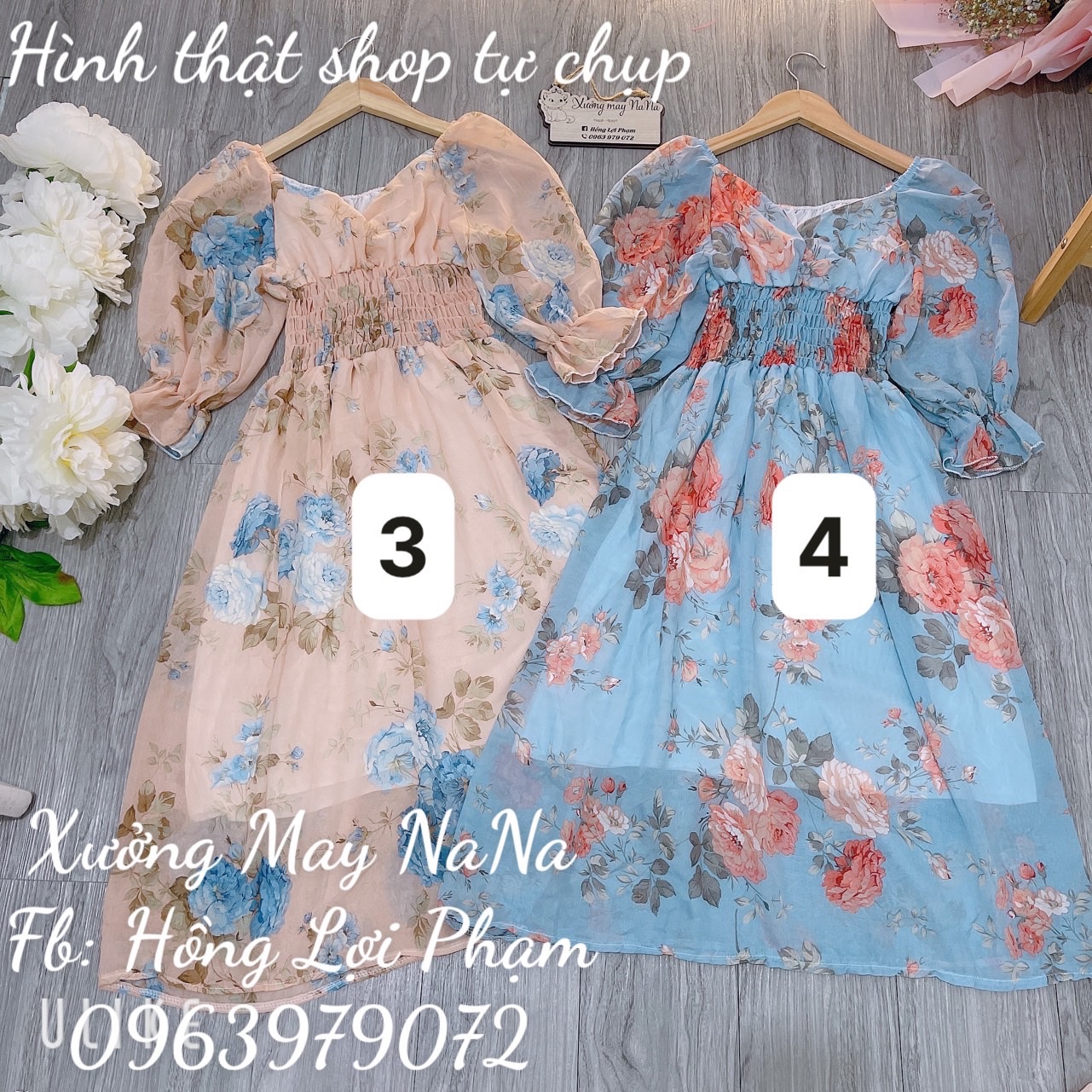 Đầm maxi tay phồng nhún ngực