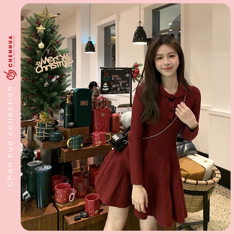 Váy len đỏ nữ ChenHua đầm len noel QC đẹp VT23
