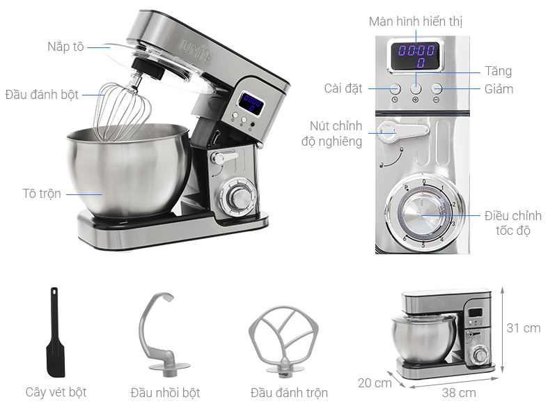 [HÀNG CHÍNH HÃNG] MÁY ĐÁNH TRỨNG TRỘN BỘT ĐA NĂNG 8L UNIE EM5