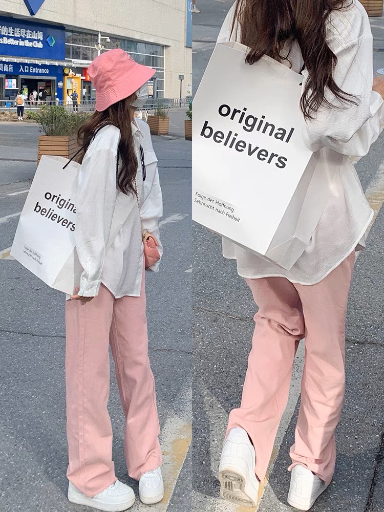 Quần jean baggy nữ suông màu hồng cute phong cách Ulzzang - Quần rin nữ ống rộng OBOKFASHION QBG339