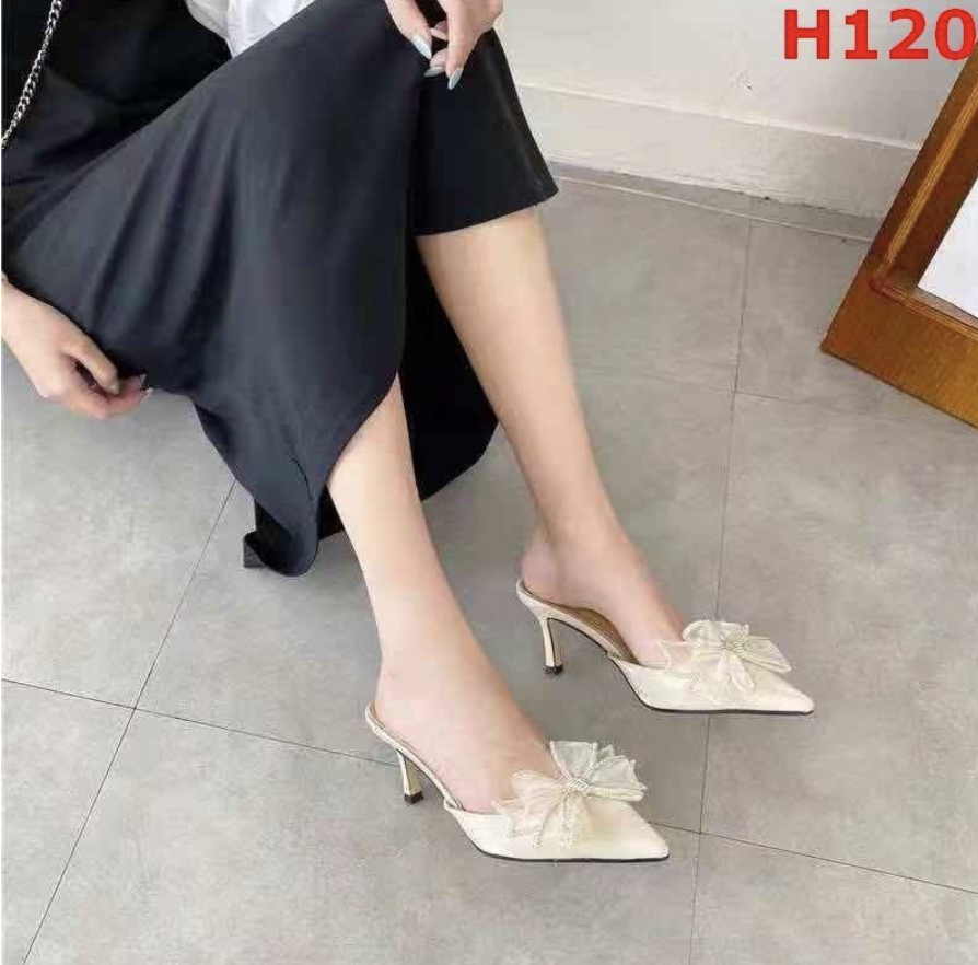 guốc cao gót mũi nhọn đính nơ cánh tiên 018 da lụa