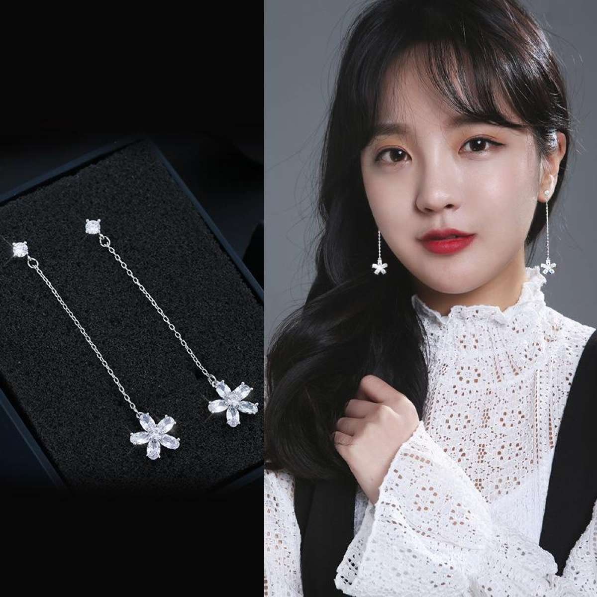 J04 Bông tai dáng dài bạch kim đính kim cương nhân tạo và đá CZ kiểu dáng Hàn Quốc trẻ trung