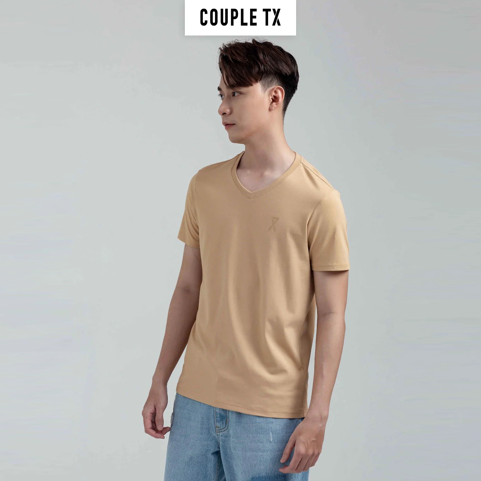 Áo Thun Nam Couple TX - Áo Thun Trơn Cổ Tim Basic Vải Đốm In Logo X