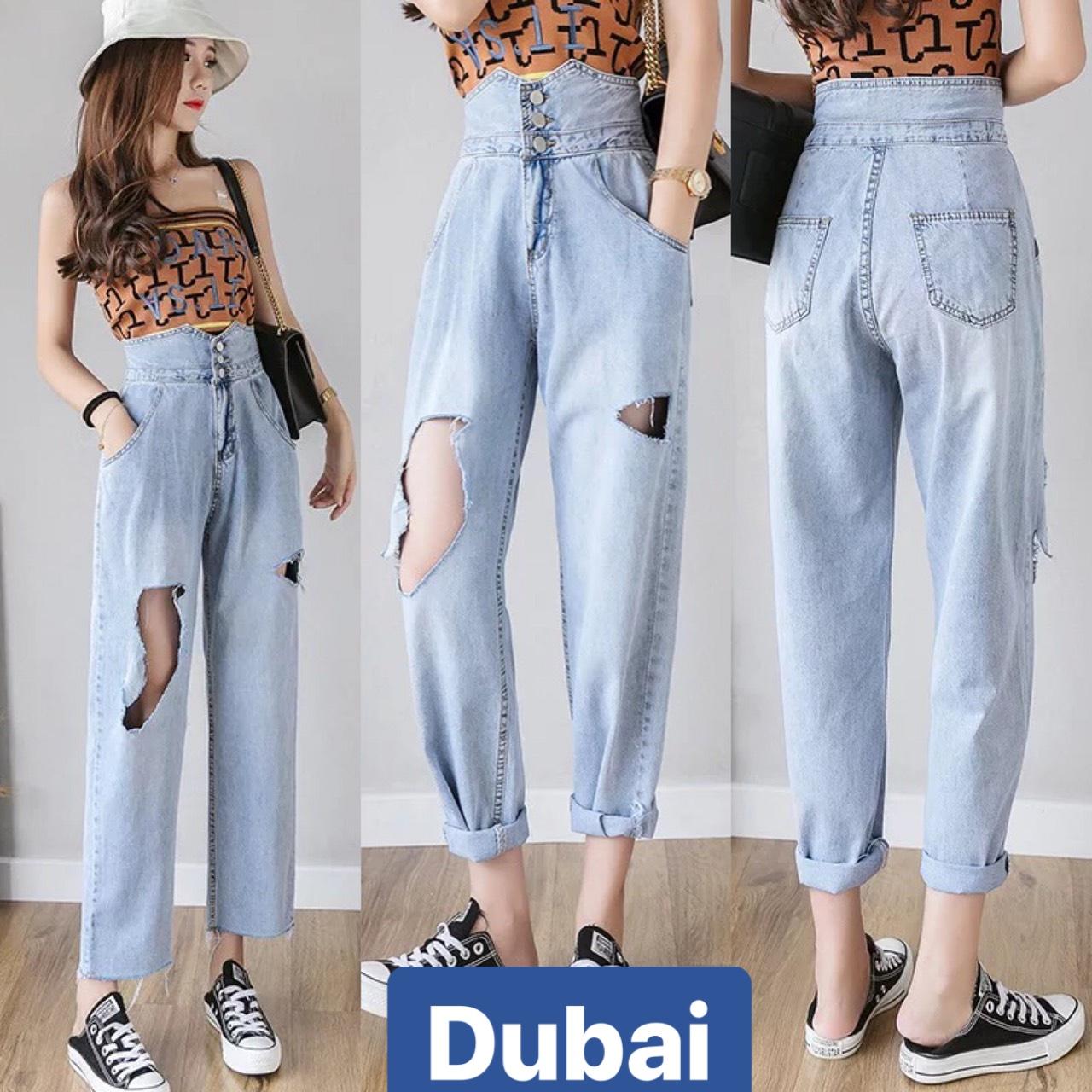 QUẦN JEAN BAGGY NỮ CHẤT BÒ XANH NHẠT 3 CÚC RÁCH ĐÙI ULZZANG HÀN QUỐC LƯNG CAO NÂNG MÔNG DB-036 - DUBAI FASHION