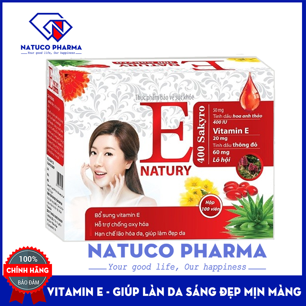 Sakyro Natury Vitamin E 400 -   làm đẹp da, ngừa sạm nám da, nhăn da - nha đam , thông đỏ, hoa anh thảo - hộp 100 viên