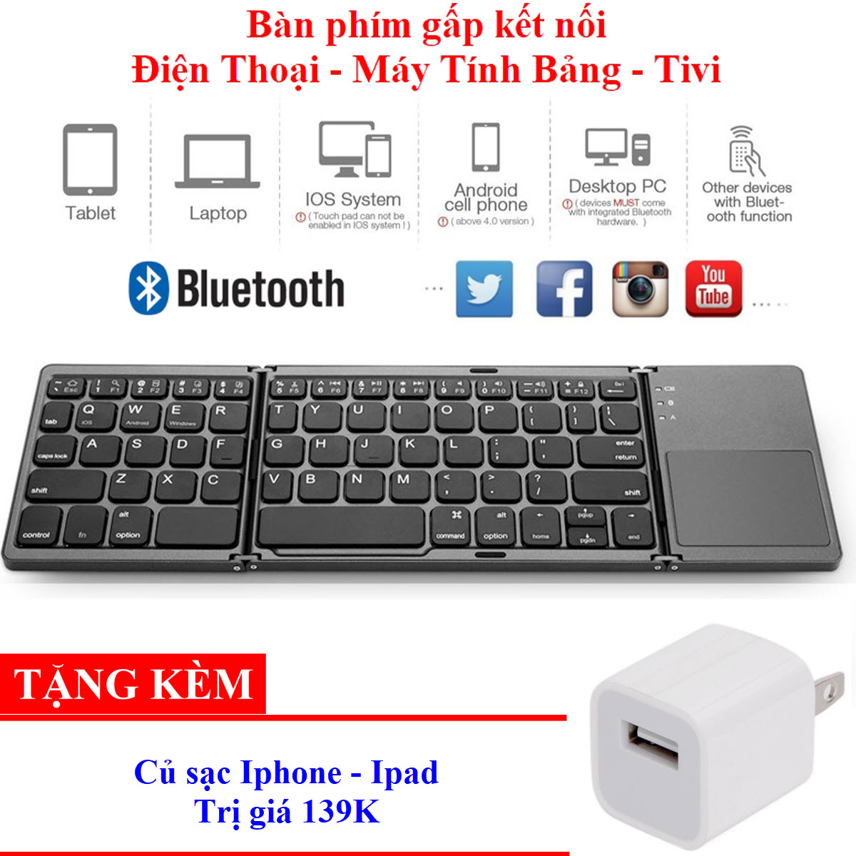 Bàn phím không dây Bluetooth B033 có touchpad gấp gọn cho điện thoại/ máy tính bảng/ PC/ Laptop/ Android box