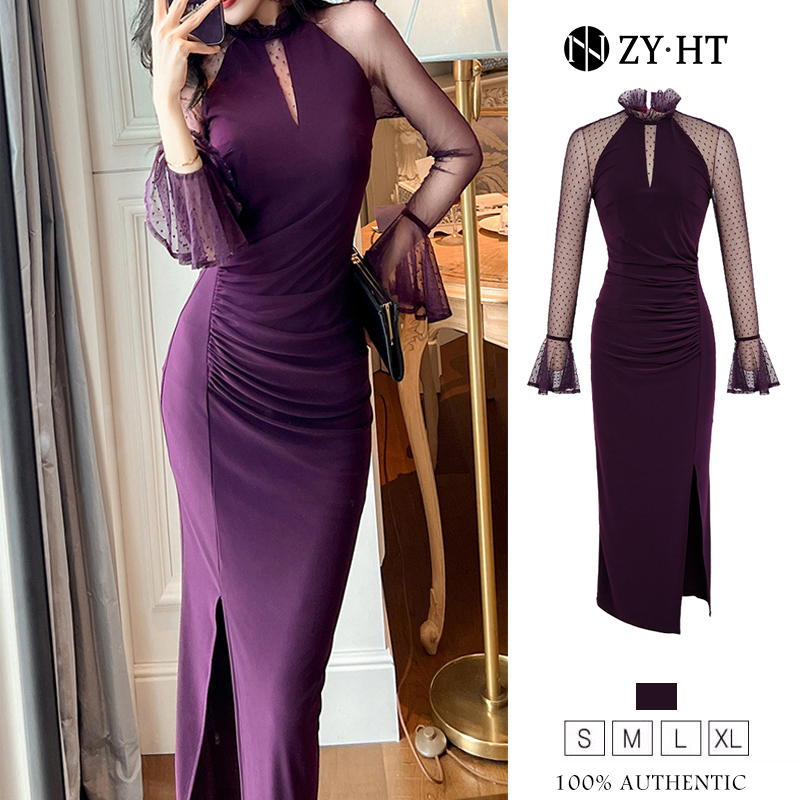 Zyht eravogue váy nữ váy tím tay áo tay áo váy công sở váy lưới váy xã hội cao váy cưới váy pháp 20844